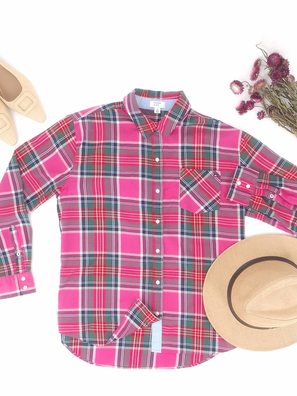 ✨Crown & Ivy Pink Green Plaid Long Sleeve Button Down Shirt Size Medium GUC✨